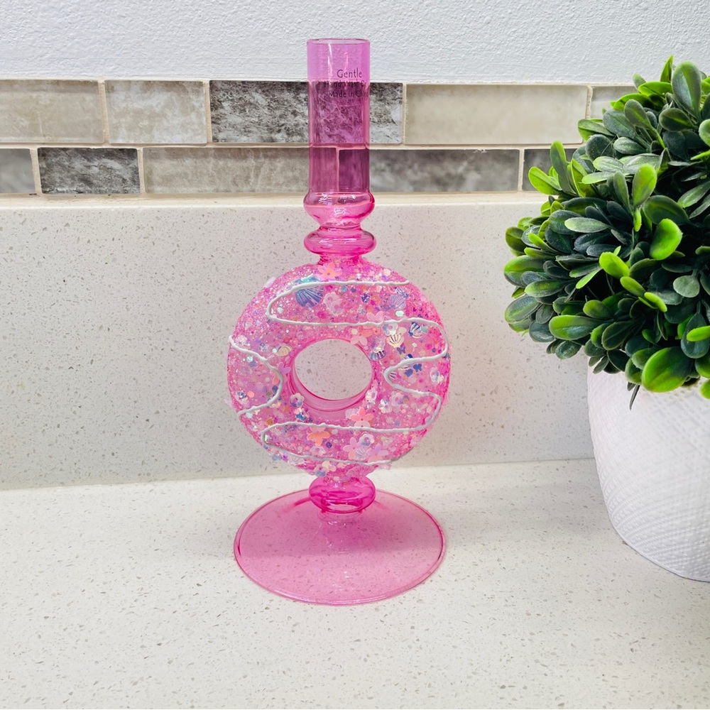 NEW Pink Glass Donut Taper Candle Holder Glitter Sequin Accents Kitsch Decor